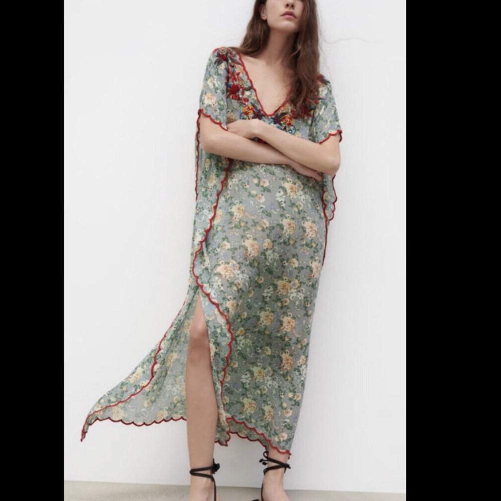 Zara Floral V-Neck Maxi Dress in Sage Green with Red Trim